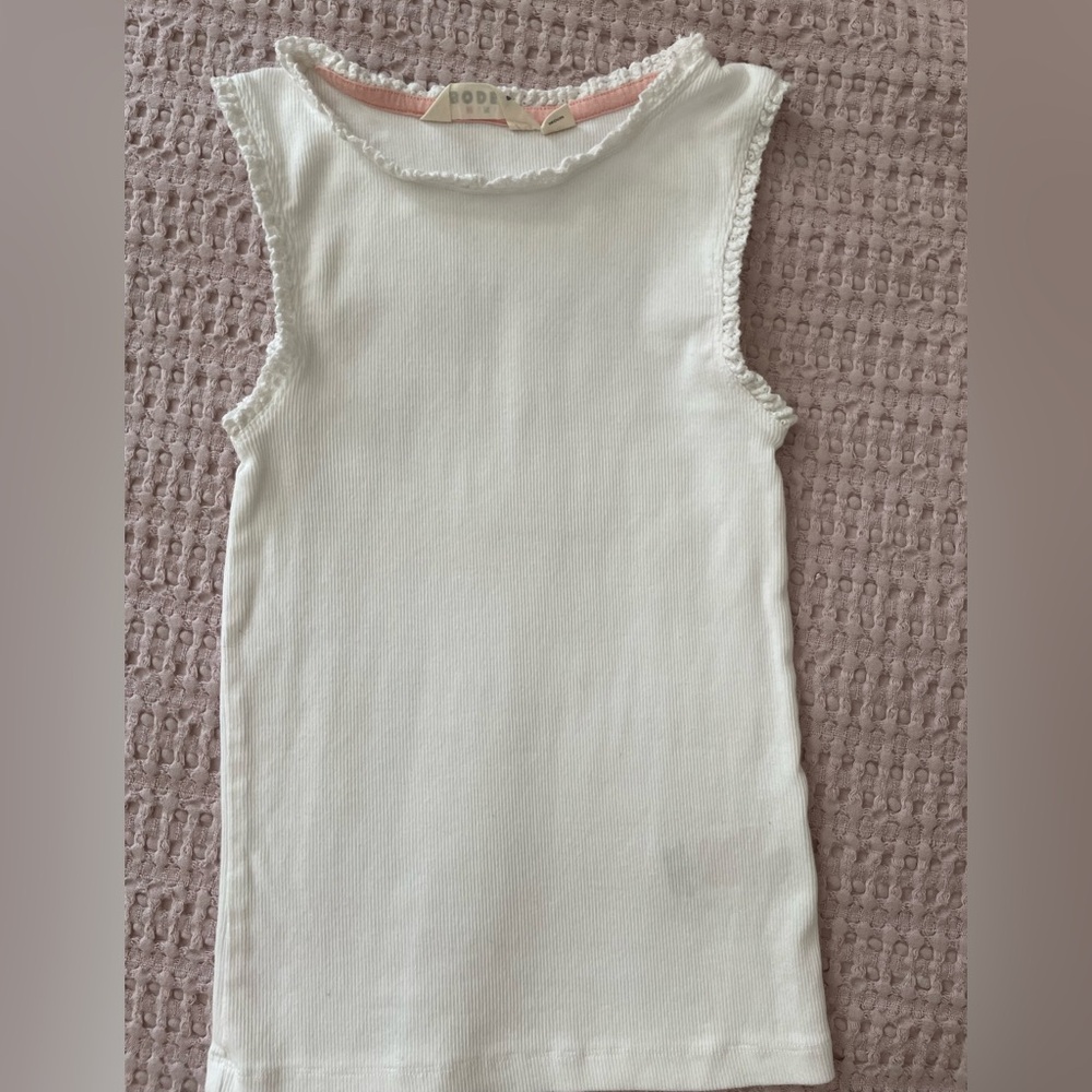 Mini Boden White Ribbed Tank Top Ruffle Trim Girls 9-10Y Cotton Stretch
